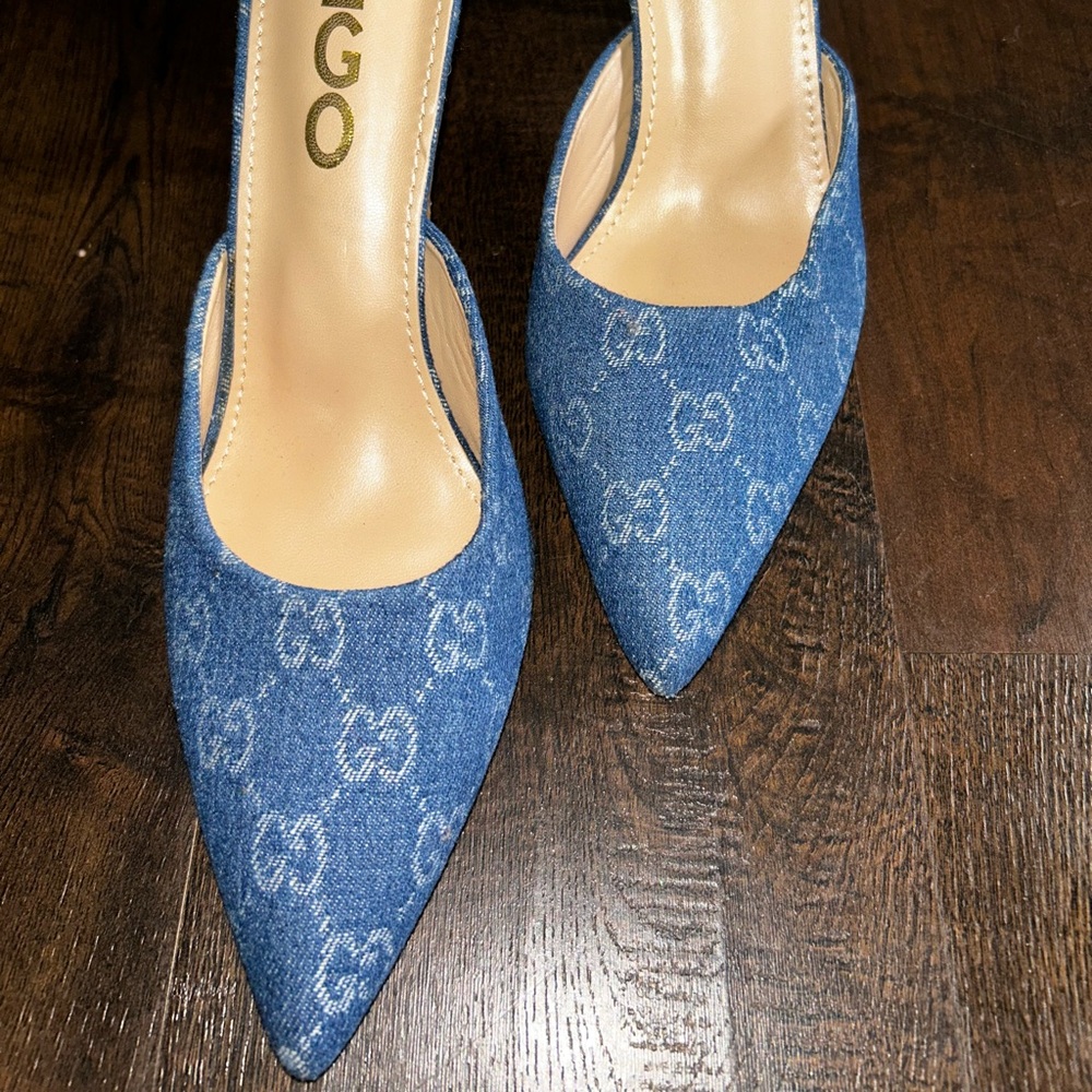 EGO Blue Denim Pointed Toe High Heel Mules - Picture 2 of 7